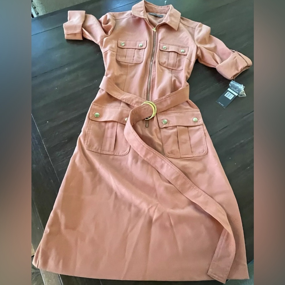 NWT SHARAGANO Women’s Cargo Pocket Zip-Up Shirt Dress | Peach w Gold Buttons SZ4
